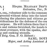 Special Orders No. 143, Major Samuel Boyer Davis to Headquarters of Military Department of Texas, November 15, 1861