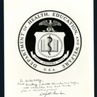 Handwritten note to Oveta Culp Hobby on the Seal of the U.S. Department of Health, Education, and Welfare