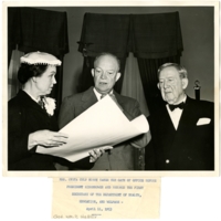 Mrs. Oveta Culp Hobby takes her oath of office before President Eisenhower and becomes the first Secretary of the Department of Health, Education, and Welfare